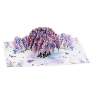 Wisteria Tree Pop-Up Card is a stunning 3D greeting card featuring a beautifully detailed blooming wisteria tree with lavender, pink, and blue flowers