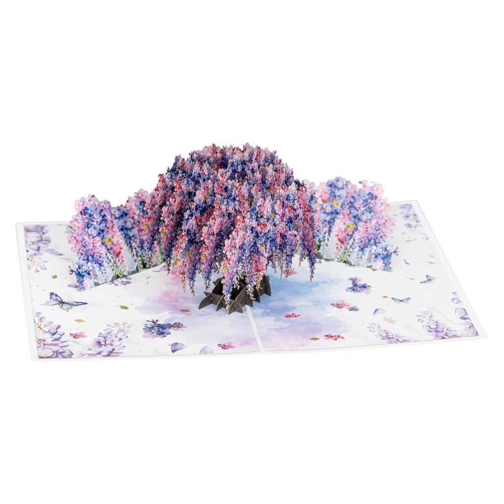 Wisteria Tree Pop-Up Card is a stunning 3D greeting card featuring a beautifully detailed blooming wisteria tree with lavender, pink, and blue flowers